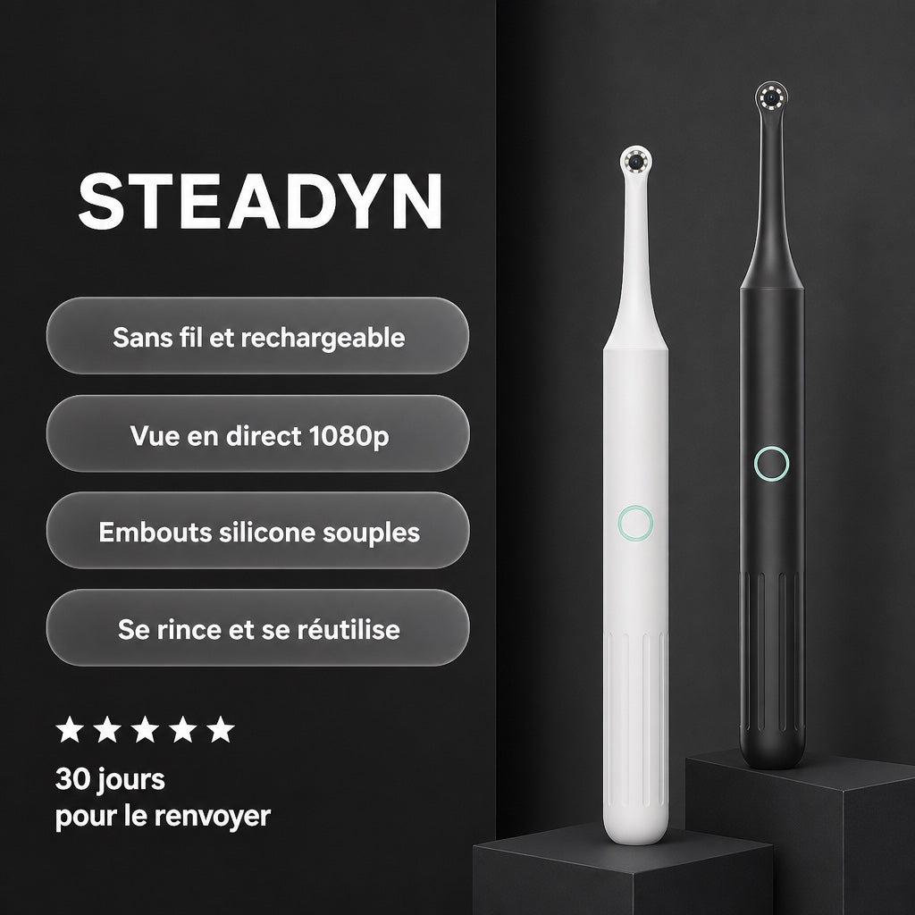 Caméra auriculaire Steadyn en blanc et noir, avec ses quatre caractéristiques