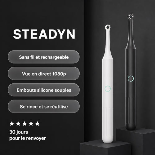 Caméra auriculaire Steadyn en blanc et noir, avec ses quatre caractéristiques