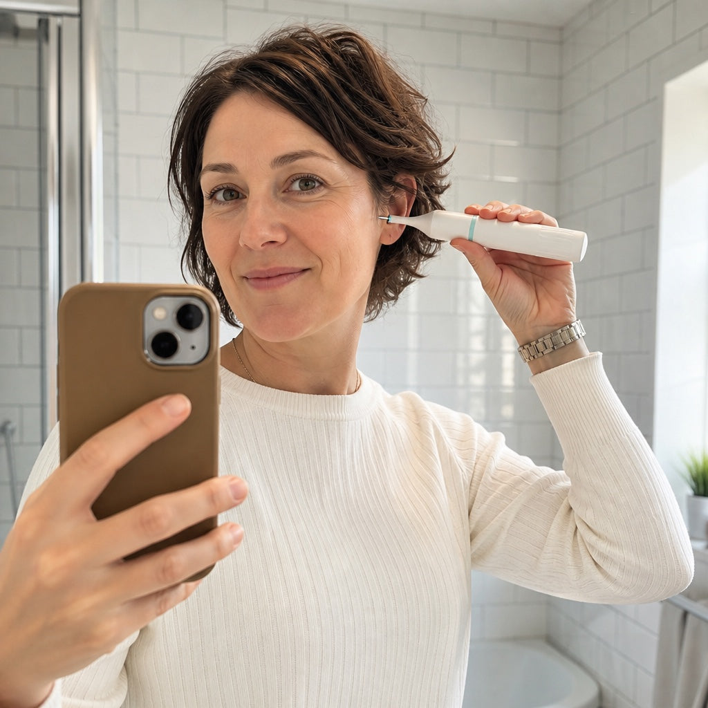 Une femme utilise la caméra Steadyn devant son téléphone
