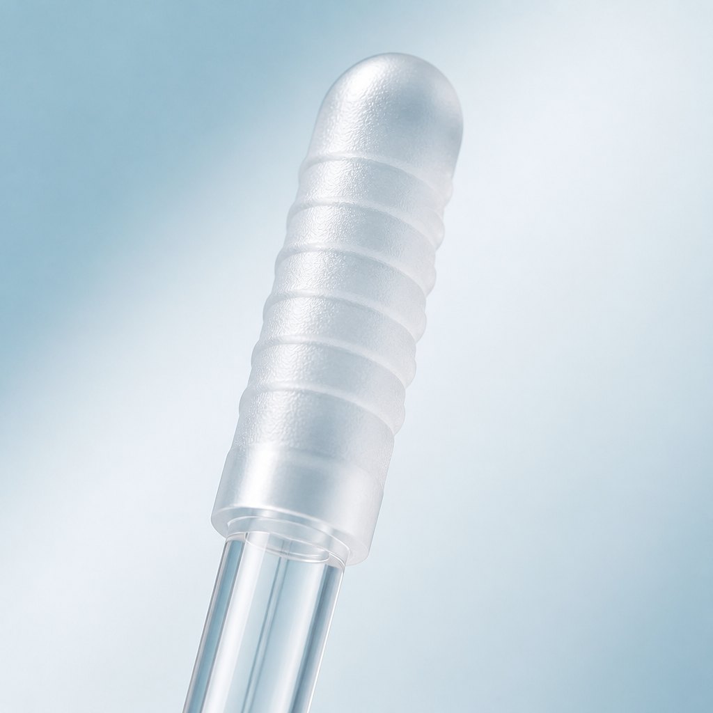 Gros plan sur l'embout silicone strié qui accroche le cérumen à la sortie